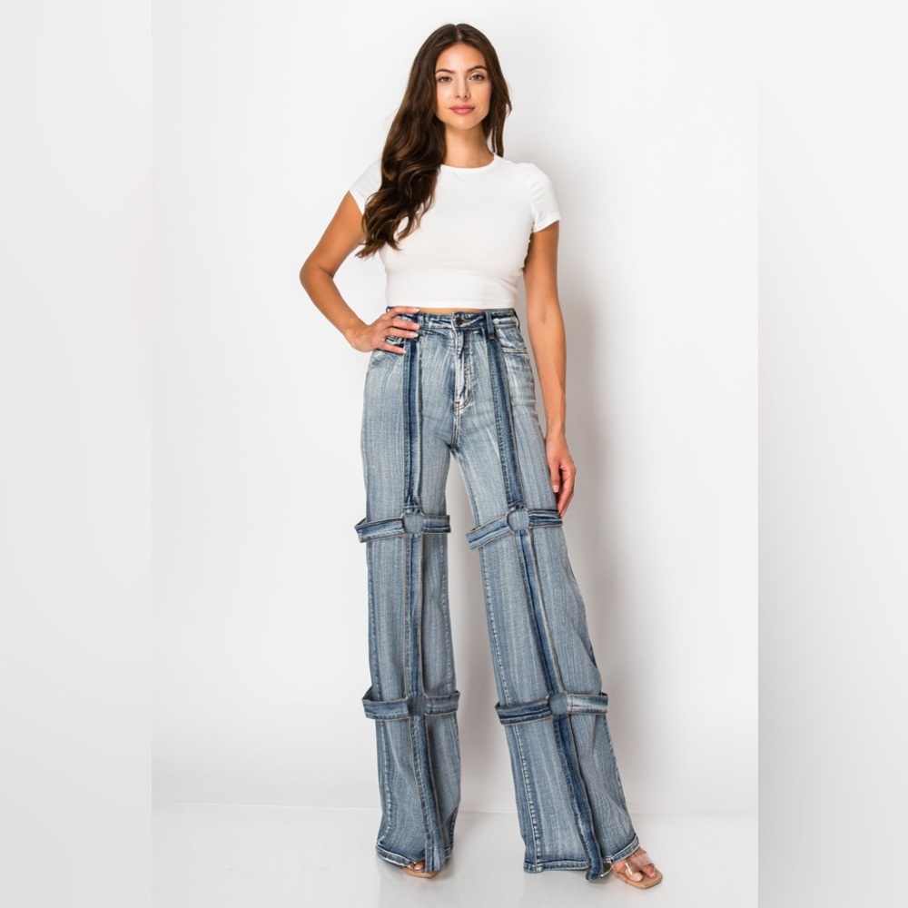 Fashion Nova Light & Dark Blue Two-Tone Flare Jeans